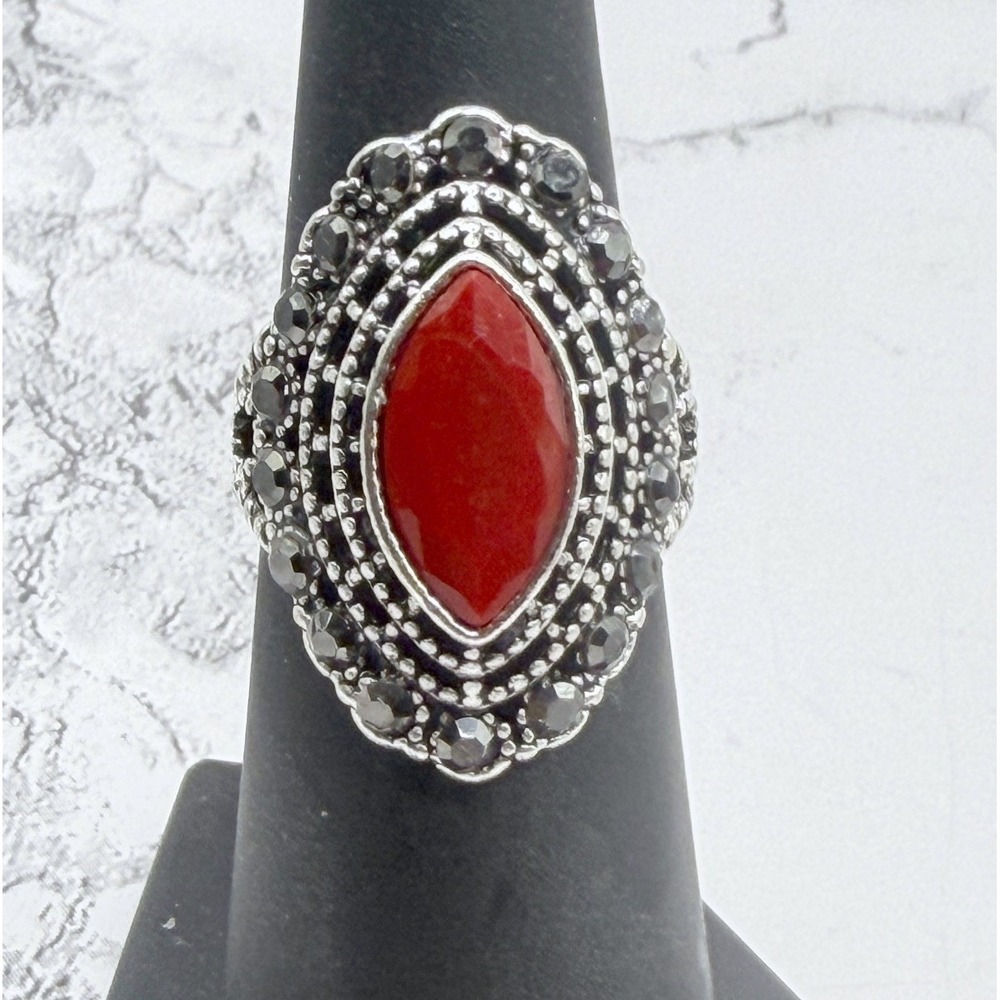 Silver Red Faceted Stone Ring Marcasite Style Accents Size 6.25 Cocktail Ring